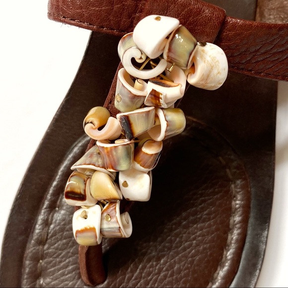 Sam Edelman Bari brown leather white seashell shells t-strap thong sandals flat - Picture 5 of 9